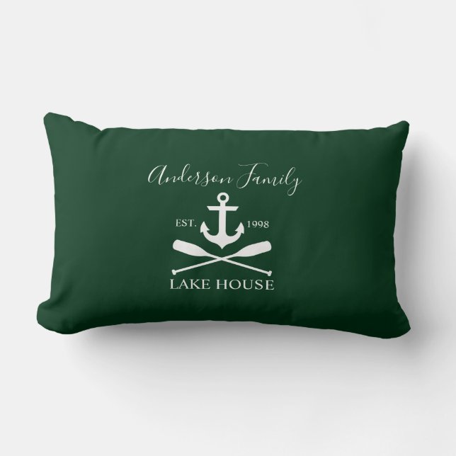 Nautical Lake House Anchor Oars Family Name Green Lumbar Cushion (Front)