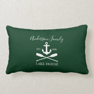 Nautical Lake House Anchor Oars Family Name Green Lumbar Cushion