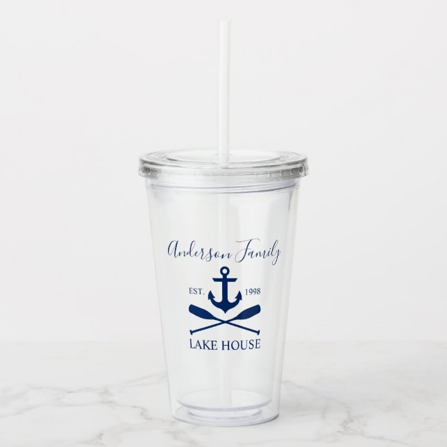 Nautical Lake House Anchor Oars Family Navy Blue Acrylic Tumbler (Front)