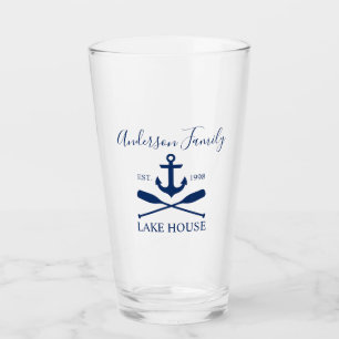 Nautical Lake House Anchor Oars Family Navy Blue Glass