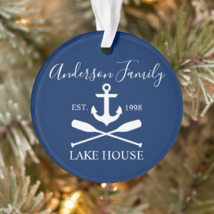 Nautical Lake House Anchor Oars Family Navy Blue Ornament