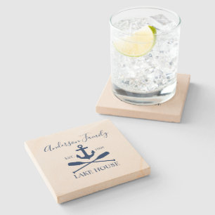 Nautical Lake House Anchor Oars Family Navy Blue Stone Coaster