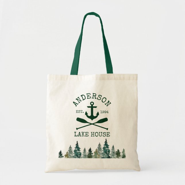 Nautical Lake House Anchor Oars Pines Tote Bag (Front)