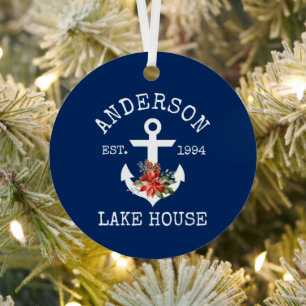 Nautical Lake House Anchor Winter Floral Blue Metal Tree Decoration