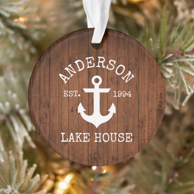 Nautical Lake House Anchor Wood Family Name Ornament (Tree)