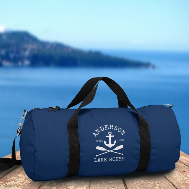 Nautical Lake House Family Anchor Oars Navy Blue Duffle Bag (Customize to change text size or text style.)