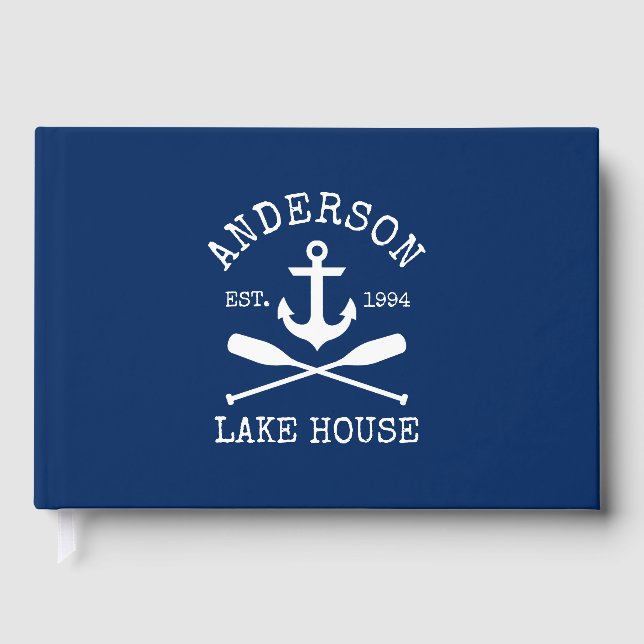 Nautical Lake House Family Anchor Oars Navy Blue Guest Book (Front)