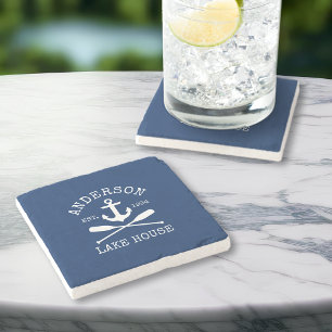 Nautical Lake House Family Anchor Oars Navy Blue Stone Coaster