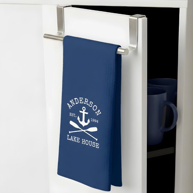 Nautical Lake House Family Anchor Oars Navy Blue Tea Towel (Customize to change background color.)