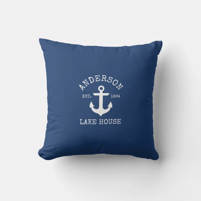 Nautical Lake House Family Name Anchor Navy Blue Cushion (Front)