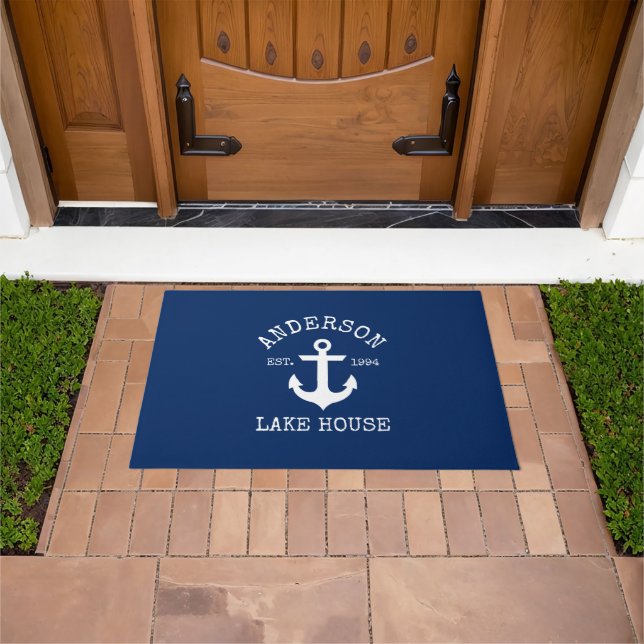 Nautical Lake House Family Name Anchor Navy Blue Doormat (Outdoor)