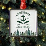Nautical Lake House Family Name Anchor Oars Pines Metal Tree Decoration<br><div class="desc">Nautical Lake House Family Name Anchor Oars Christmas Ornament includes Watercolor Green Pine Trees</div>