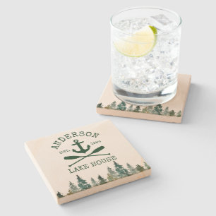 Nautical Lake House Family Name Anchor Oars Pines Stone Coaster