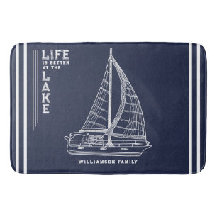 Nautical Lake House Family Name Navy Blue Bath Mat
