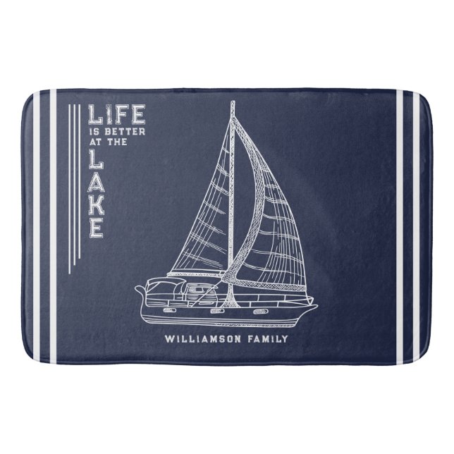 Nautical Lake House Family Name Navy Blue Bath Mat (Front)