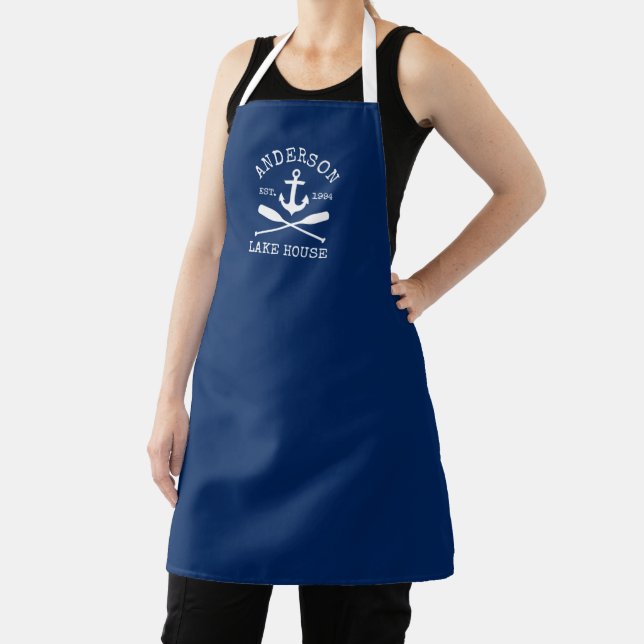 Nautical Lake House Family Navy Blue Anchor Oars Apron (Insitu)