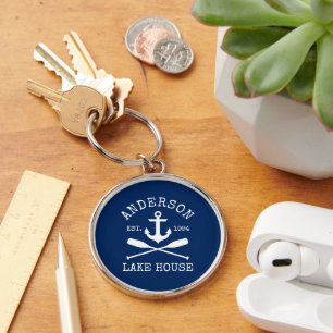 Nautical Lake House Family Navy Blue Anchor Oars Key Ring