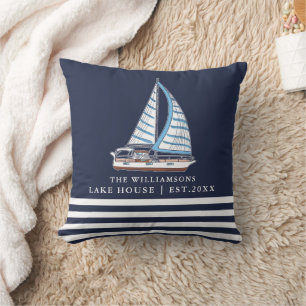 Nautical Lake House Sail Boat Custom Navy Blue Cushion