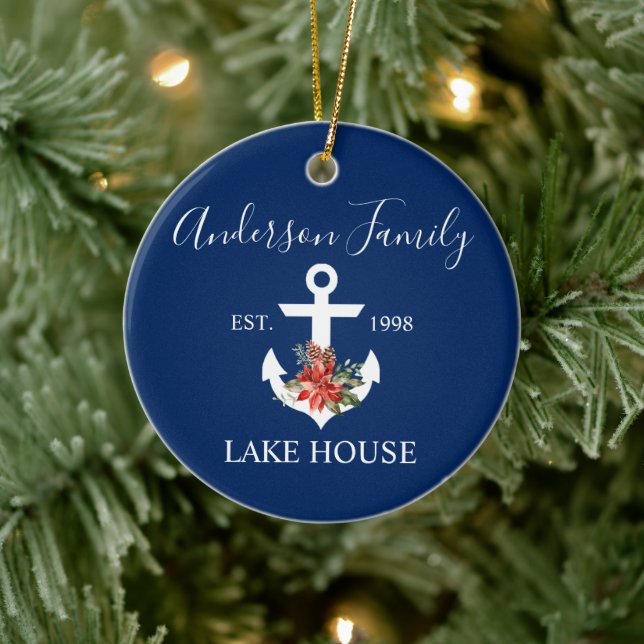 Nautical Lake House Winter Floral Navy Blue Ceramic Tree Decoration (Tree)