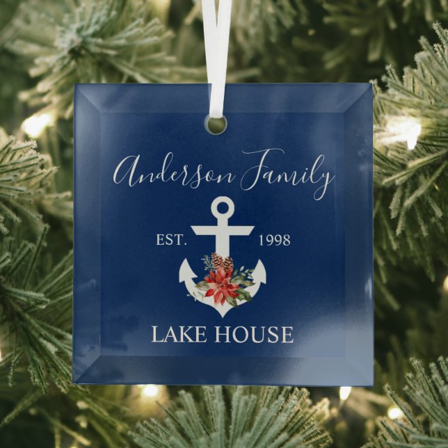 Nautical Lake House Winter Floral Navy Blue Glass Tree Decoration (Insitu)
