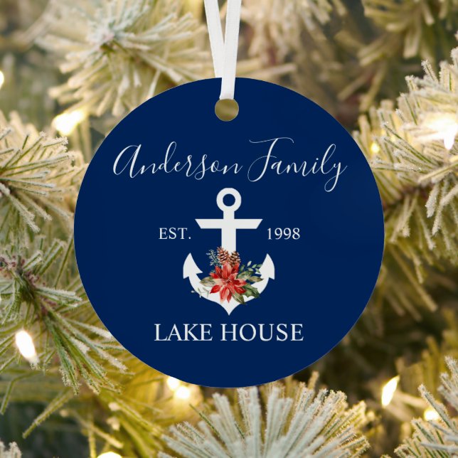 Nautical Lake House Winter Floral Navy Blue Metal Tree Decoration (Insitu)