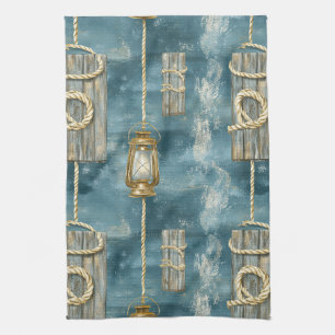 Nautical Lantern Rope Coastal Blue Pattern (1) Tea Towel