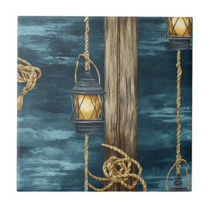 Nautical Lantern Rope Coastal Blue Pattern (2) Tile