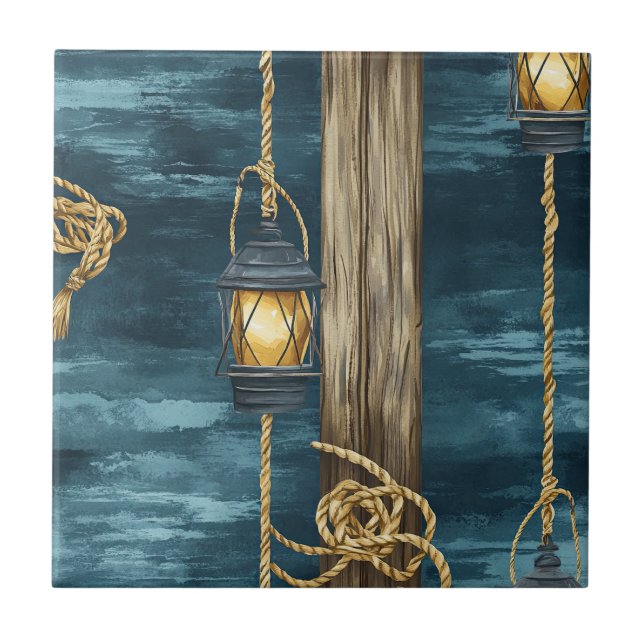 Nautical Lantern Rope Coastal Blue Pattern (2) Tile (Front)