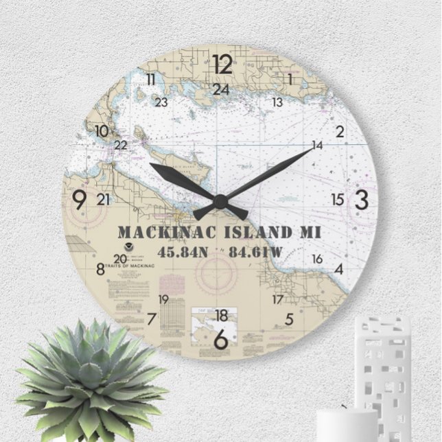 Nautical Latitude Longitude Mackinac Island 24-Hr Large Clock (Creator Uploaded)