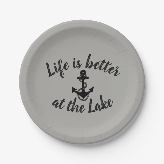 nautical LIFE IS BETTER AT THE LAKE and anchor | Paper Plate (Front)