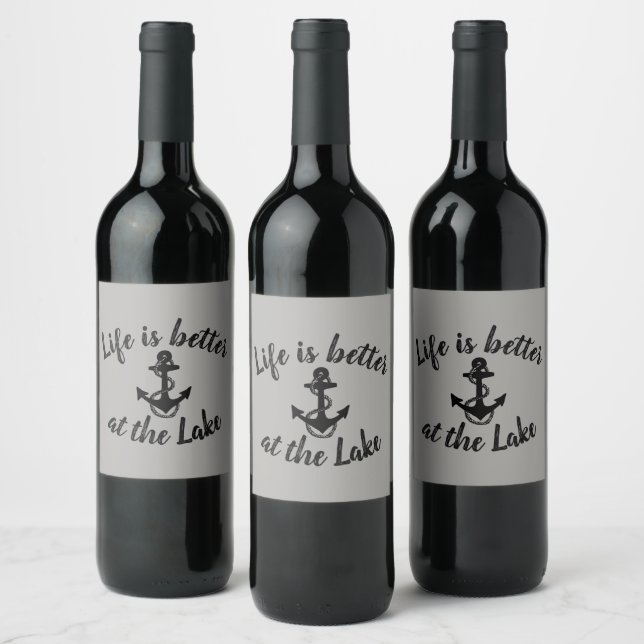 nautical LIFE IS BETTER AT THE LAKE and anchor | Wine Label (Bottles)