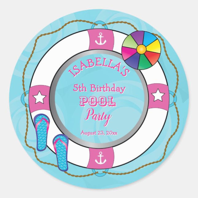 Nautical Life Preserver 5th Birthday Pool Party Classic Round Sticker (Front)