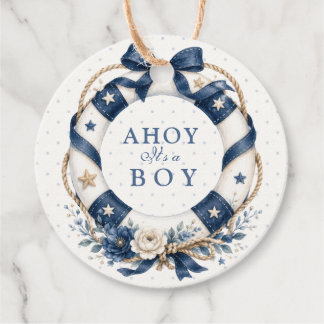 Nautical Life Ring Navy Blue Stars Floral Favour Tags