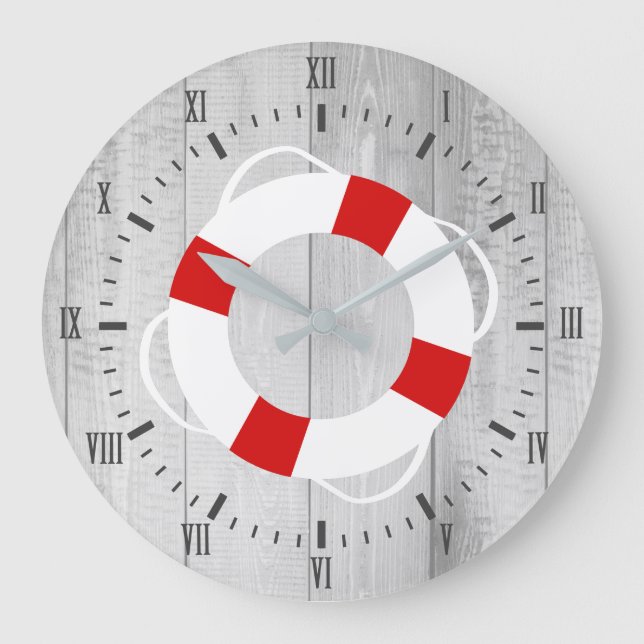 Nautical Life Saver Buoy & Gray Wood Print Large Clock (Front)