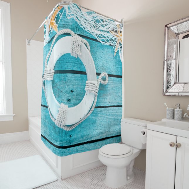 Nautical Life Saver on Blue Beach Wood Shower Curtain (In Situ)