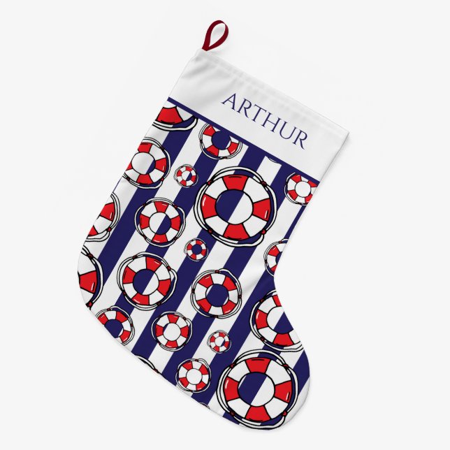 Nautical Lifebelts Coastal Boat Large Christmas Stocking (Front (Hanging))
