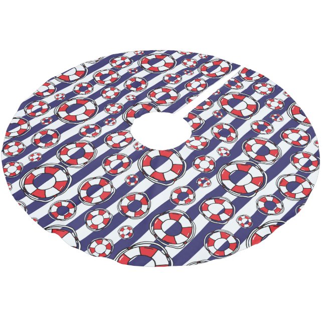 Nautical Lifebelts Red White Blue Striped Brushed Polyester Tree Skirt (Angled)