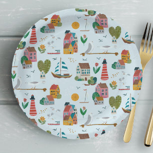 Nautical light blue pattern boy baby shower party paper plate