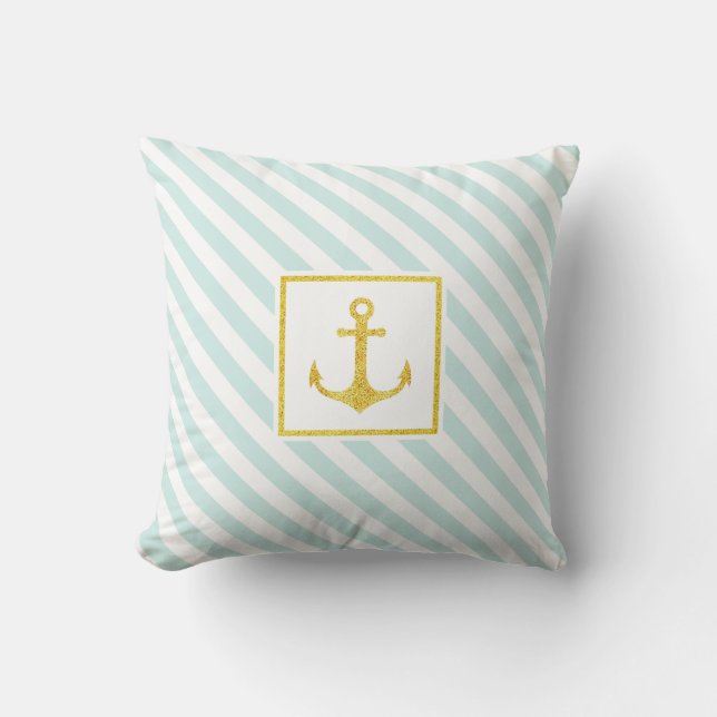 Nautical Light Blue Stripes Golden Glitter Anchor Cushion (Front)