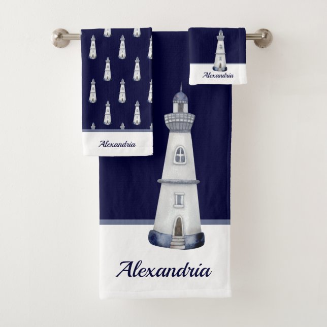 Nautical Light House Navy Blue n White Bath Towel Set (Insitu)