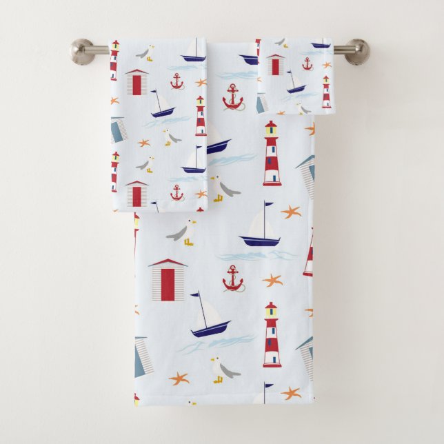 Nautical Light House Sail Boat Pattern Bath Towel Set (Insitu)