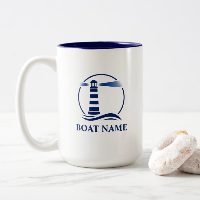 Nautical Lighthouse Add Boat or Name Large Two-Tone Coffee Mug (With Donut)