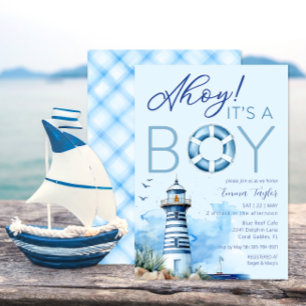 Nautical Lighthouse Ahoy It's A Boy Baby Shower Invitation