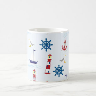 Nautical Lighthouse, Anchor, Wheel, Seagull & Boat Coffee Mug