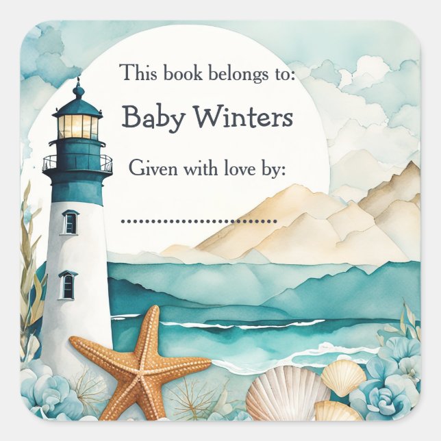 Nautical Lighthouse Baby Shower Bookplate Square Sticker (Front)