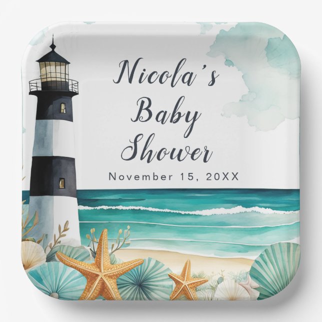 Nautical Lighthouse Baby Shower Paper Plate (Front)