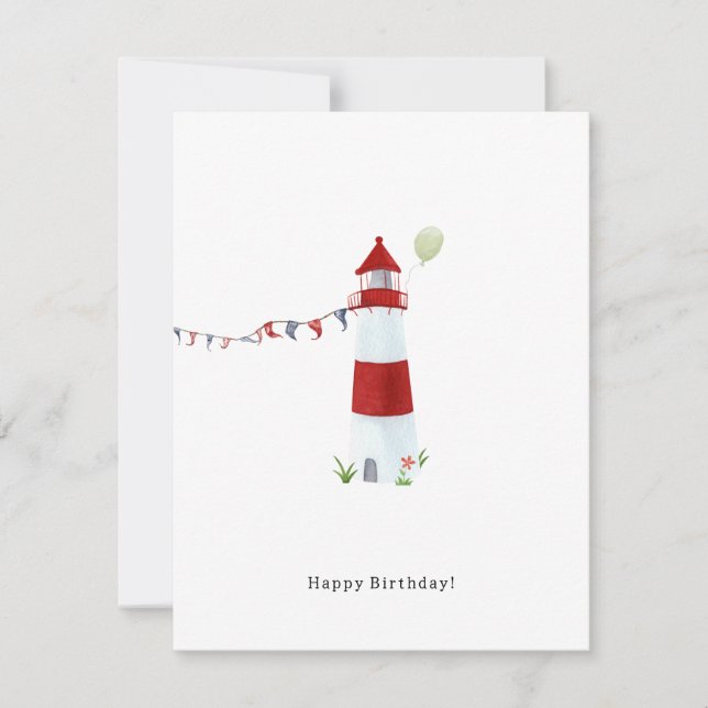 Nautical Lighthouse Beach Happy Birthday Balloon Card (Front)
