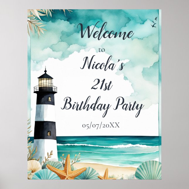 Nautical Lighthouse Birthday Party Poster (Front)