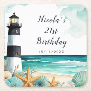 Nautical Lighthouse Birthday Square Paper Coaster