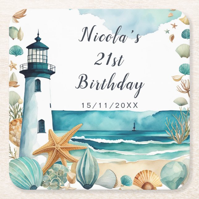 Nautical Lighthouse Birthday Square Paper Coaster (Front)